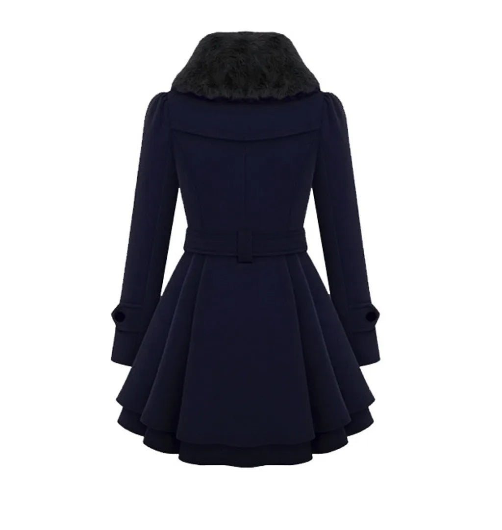 Women's Double-Breasted Hooded Wool-Blend Style Belted Skater Jacket with Asymmetrical Hem Streetwear Coat