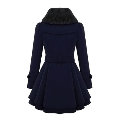Women's Double-Breasted Hooded Wool-Blend Style Belted Skater Jacket with Asymmetrical Hem Streetwear Coat