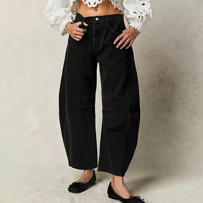 Women's Cropped Barrel Leg Stretch Denim Jeans with Relaxed Streetwear Inspired Silhouette
