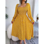 Square Neck Polka Dot Maxi Dress with Long Sleeves and Flowy Silhouette