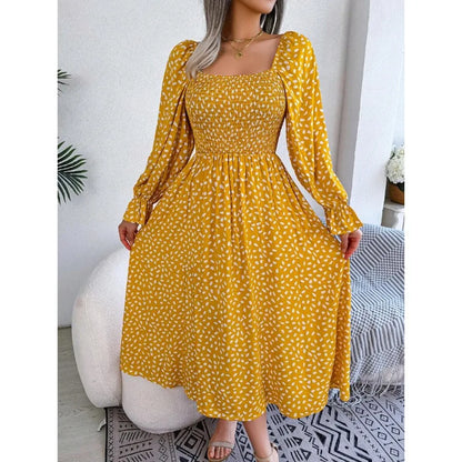 Square Neck Polka Dot Maxi Dress with Long Sleeves and Flowy Silhouette
