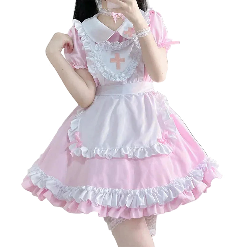 Sweet Pink Lolita Nurse-Maid Cosplay Dress with Cross Emblem and Ruffle Trims