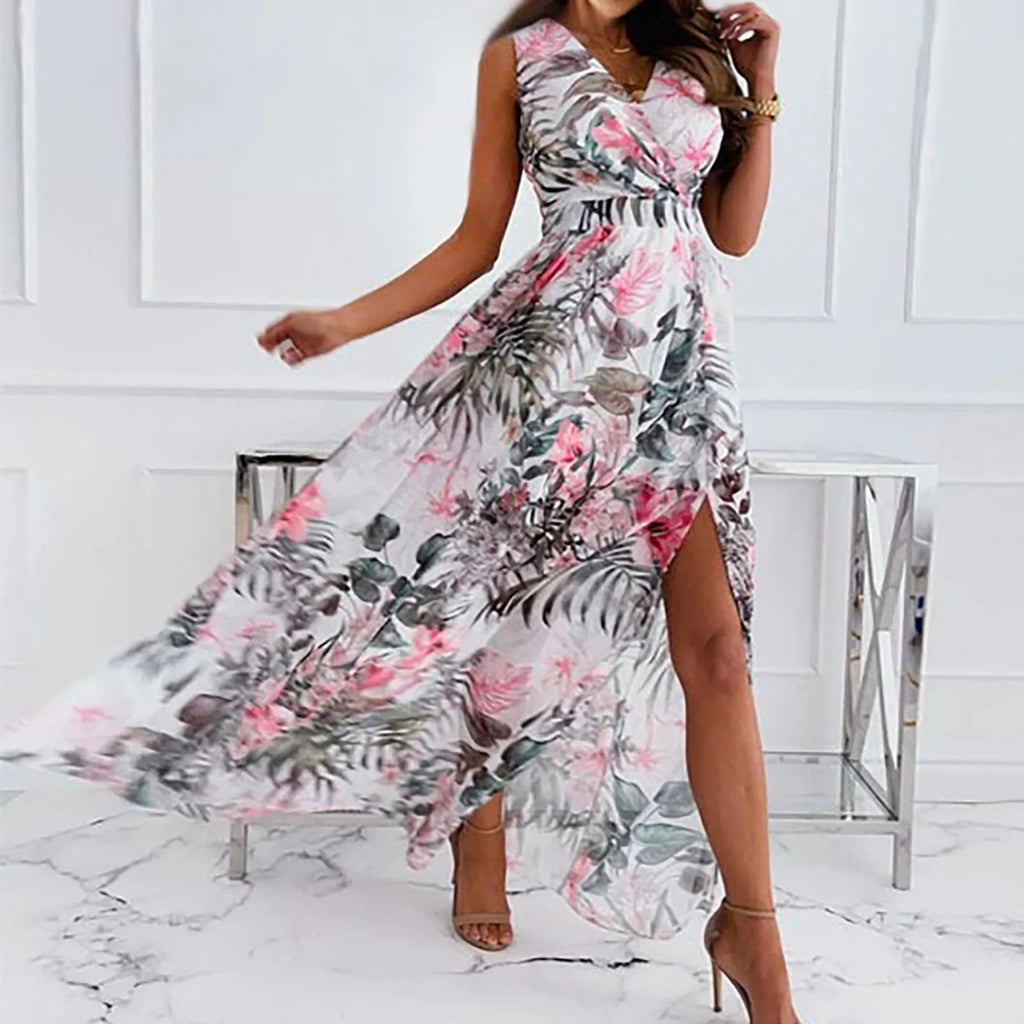 Floral Print Maxi Dress with Sleeveless Design and High Slit Hem