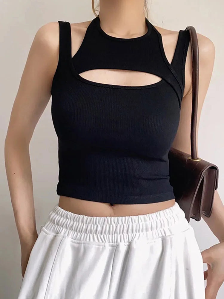 Asymmetrical Cut-Out Ribbed Tank Top with Sleeveless Slim Fit Streetwear Design