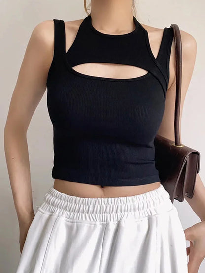 Asymmetrical Cut-Out Ribbed Tank Top with Sleeveless Slim Fit Streetwear Design