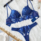 Midnight Black Sheer Floral Embroidered Unlined Bra and Thong Set