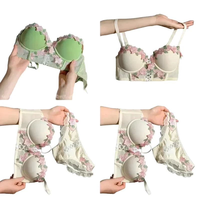 Pastel Floral Embroidered Contour Push-Up Bra and Matching Scalloped Brief Set