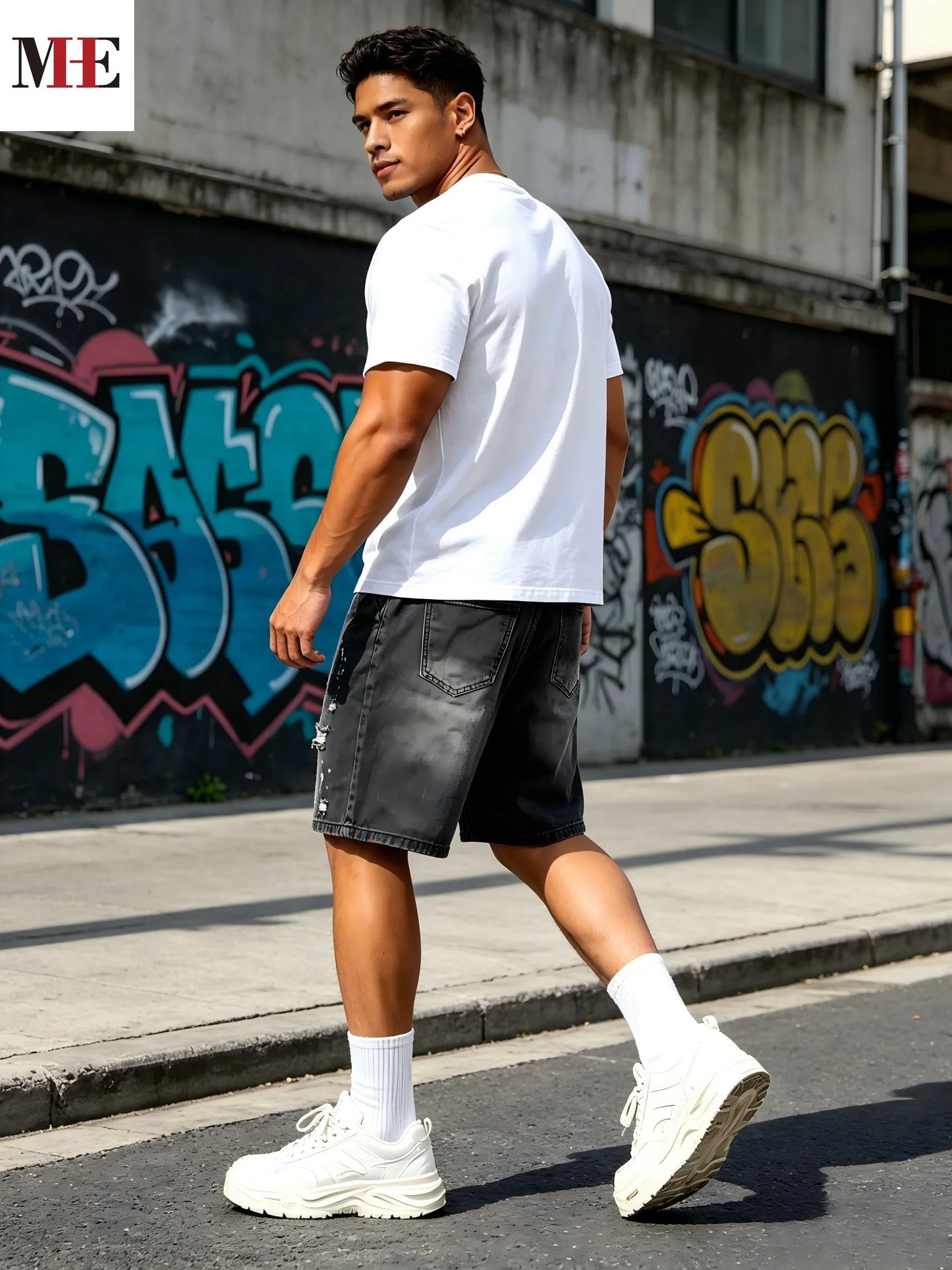 Men's Loose Fit Denim Shorts with Distressed Finish and Knee Length Casual Design