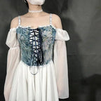 Elegant Beige Lace-Up Corset Top with Adjustable Tie-Shoulder Straps