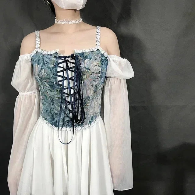 Elegant Beige Lace-Up Corset Top with Adjustable Tie-Shoulder Straps