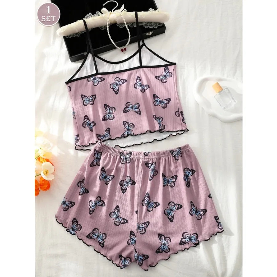 Playful Butterfly Print Two-Piece Camisole and Shorts Sleepwear Set with Contrast Trim