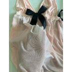 Pastel Pink Pleated Mesh Babydoll Nightdress with Contrasting Black Ribbon Ties