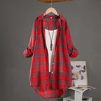 Vintage-Inspired Forest Green Plaid Mid-Length Outerwear Shirt with Rolled Sleeves