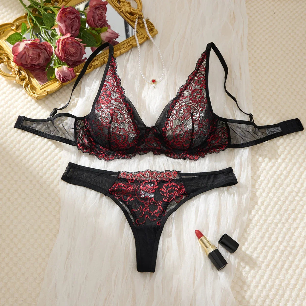 Black and Red Floral Lace Lingerie Set with Sheer Triangle Bra, Adjustable Straps and Matching High-Cut Thong