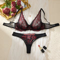 Black and Red Floral Lace Lingerie Set with Sheer Triangle Bra, Adjustable Straps and Matching High-Cut Thong