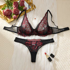 Black and Red Floral Lace Lingerie Set with Sheer Triangle Bra, Adjustable Straps and Matching High-Cut Thong