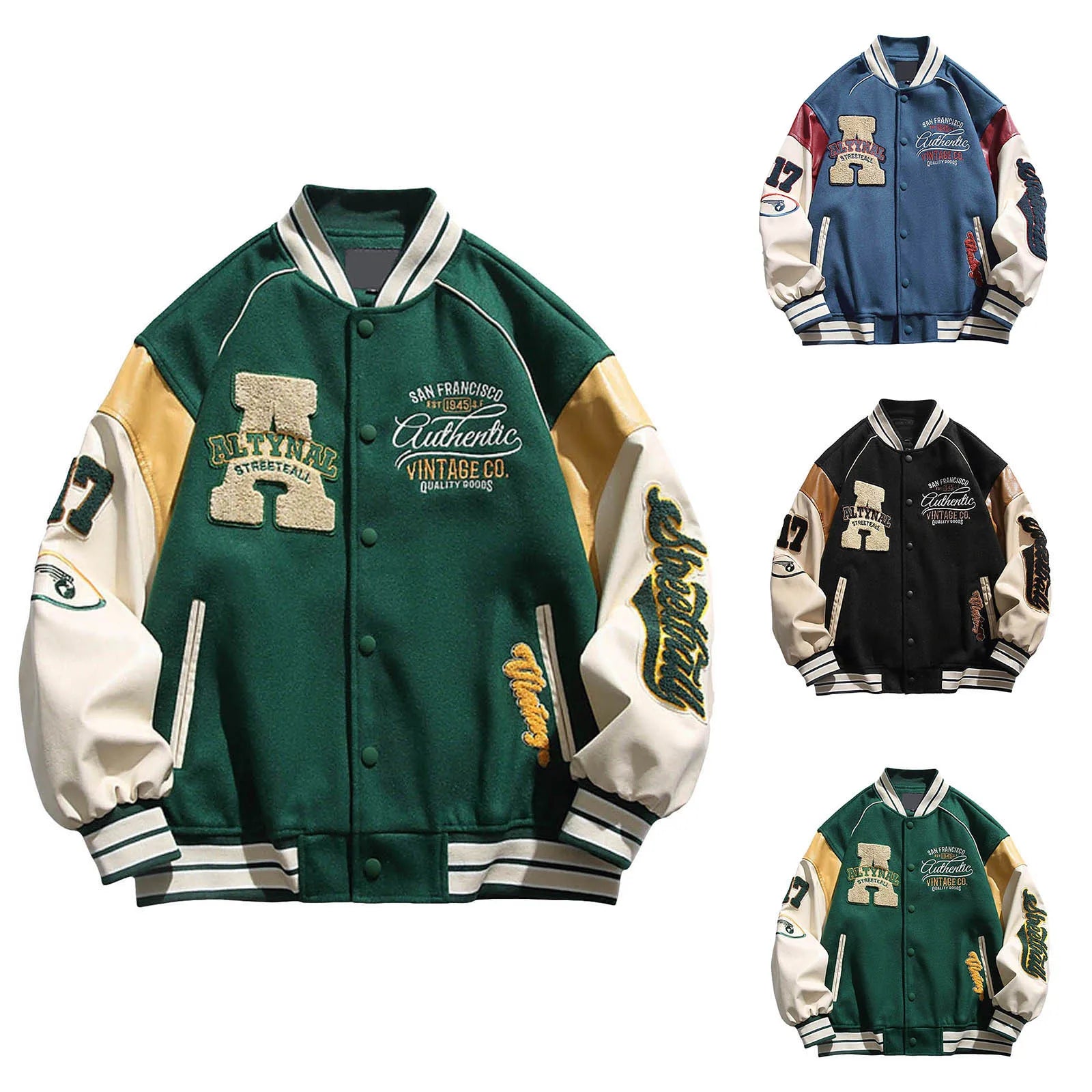 Men's Oversized Varsity Style Button Jacket with Contrast Sleeves for Streetwear Layering