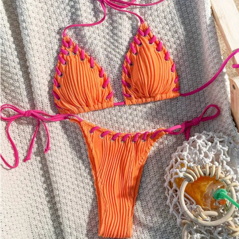 Textured Cream String Bikini with Braided Contrast Border Trim