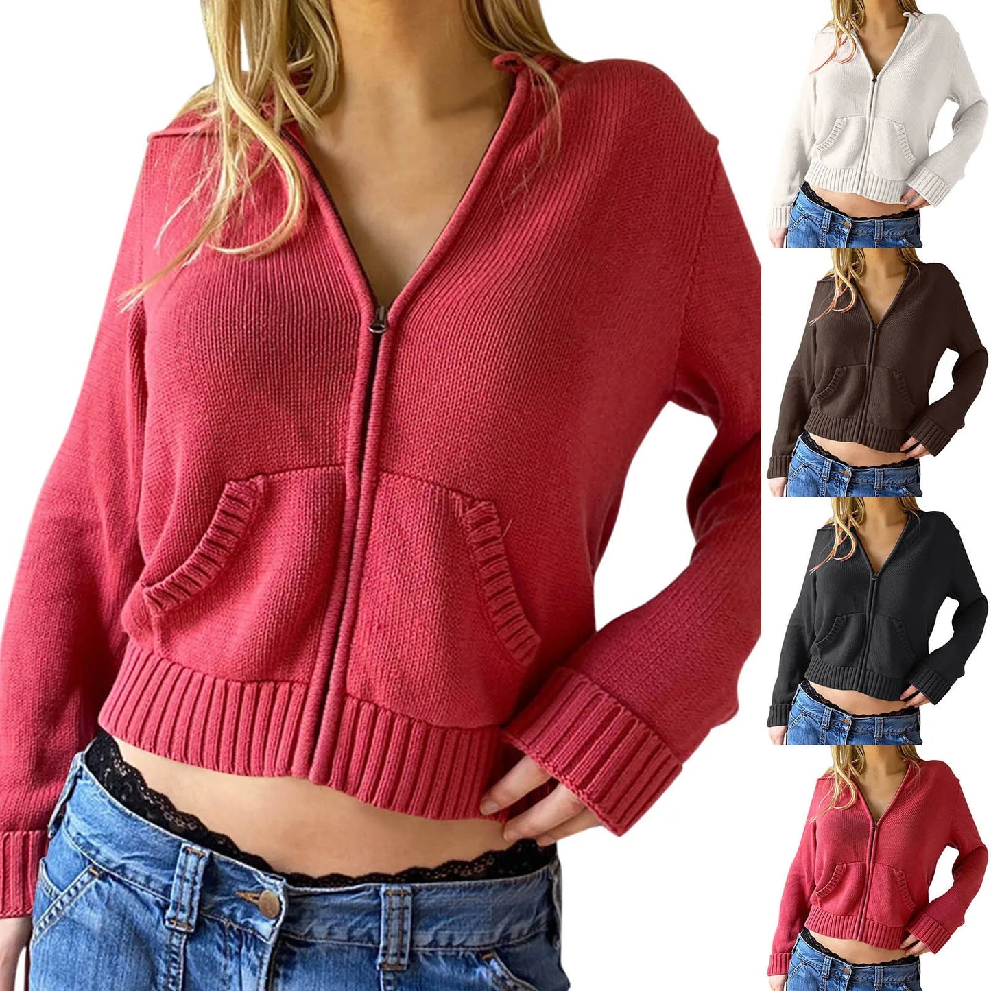 Women's Ribbed Zip-Up Cropped Hoodie with Relaxed Fit for Modern Casual Streetwear