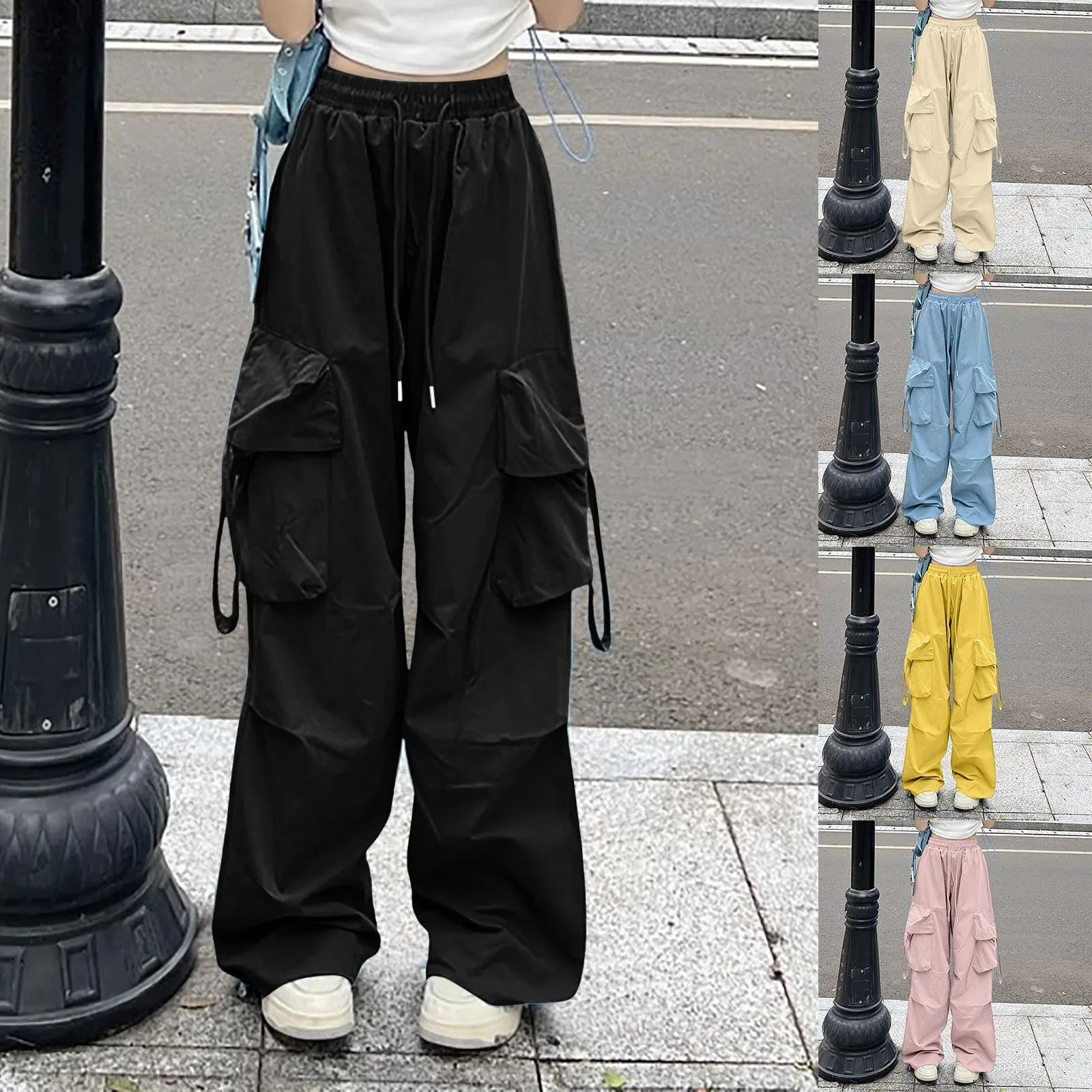 Women's Relaxed Wide Leg Cargo Pants with Utility Pockets and Streetwear Inspired Design