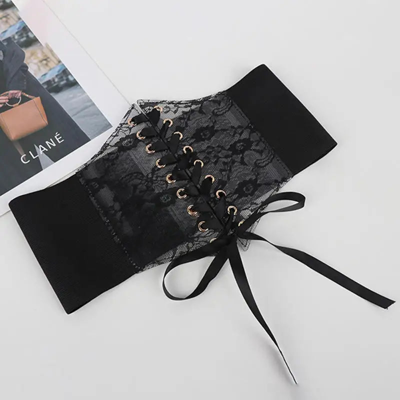 Floral Embroidered Lace-Up Waist Corset Belt with Structured Wide Fit
