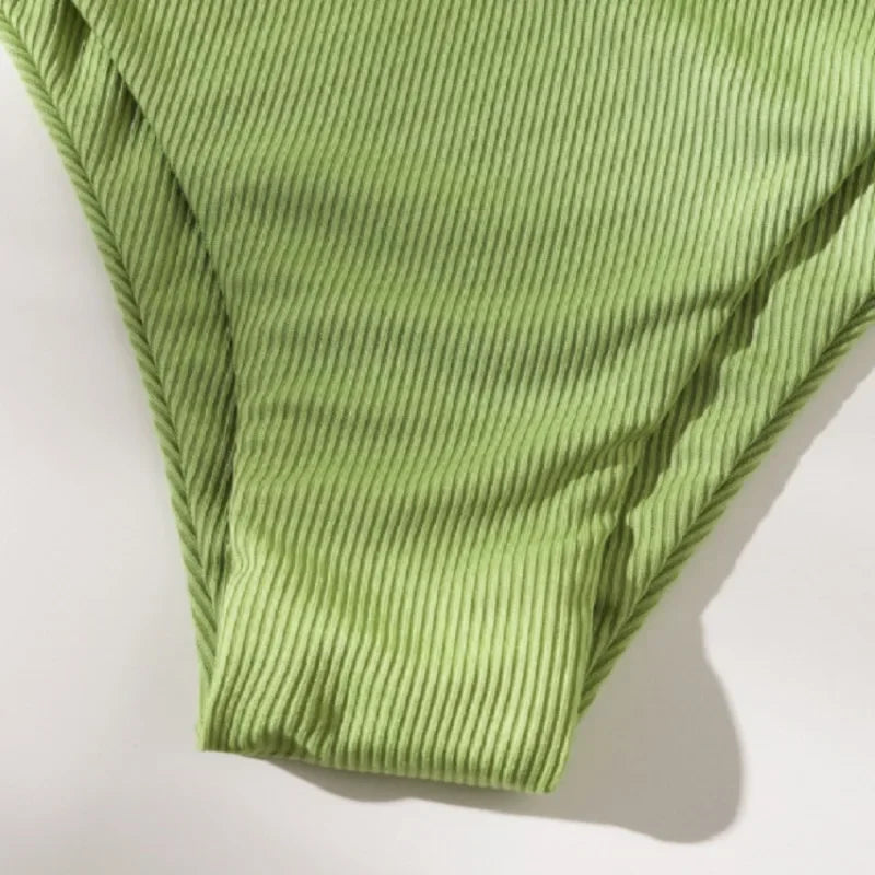 Ribbed Light Green Bralette Bikini with Center Tie Detail