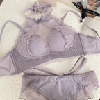 Dusty Lavender High-Neck Halter Lace Bralette with Swiss Dot Paneling