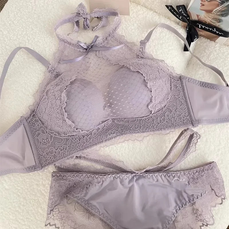 Dusty Lavender High-Neck Halter Lace Bralette with Swiss Dot Paneling
