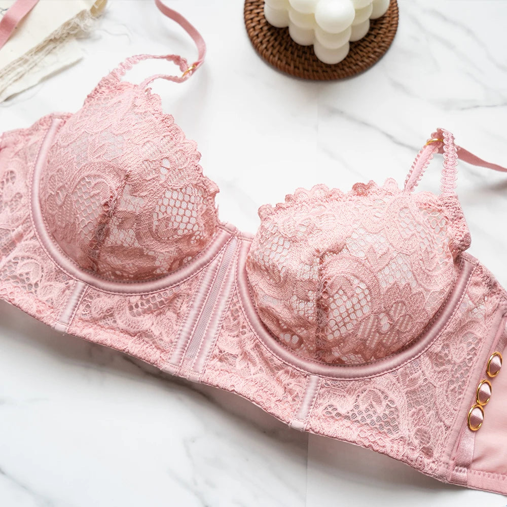 Dusty Rose Floral Lace Longline Underwire Lingerie Set