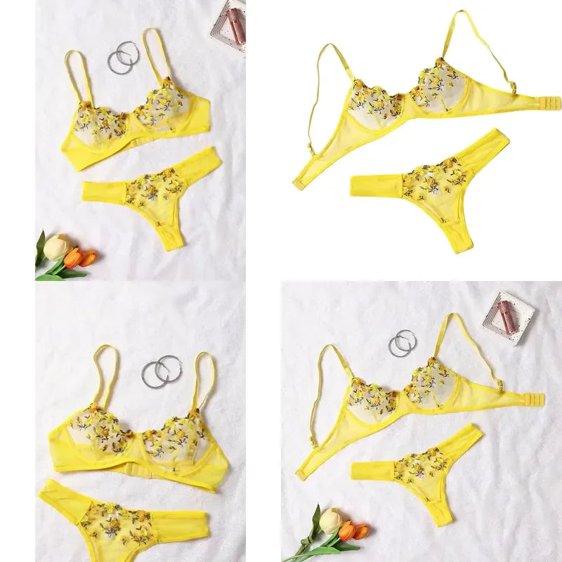 Vibrant Yellow Botanical Embroidered Sheer Mesh Underwire Bra and Thong Set