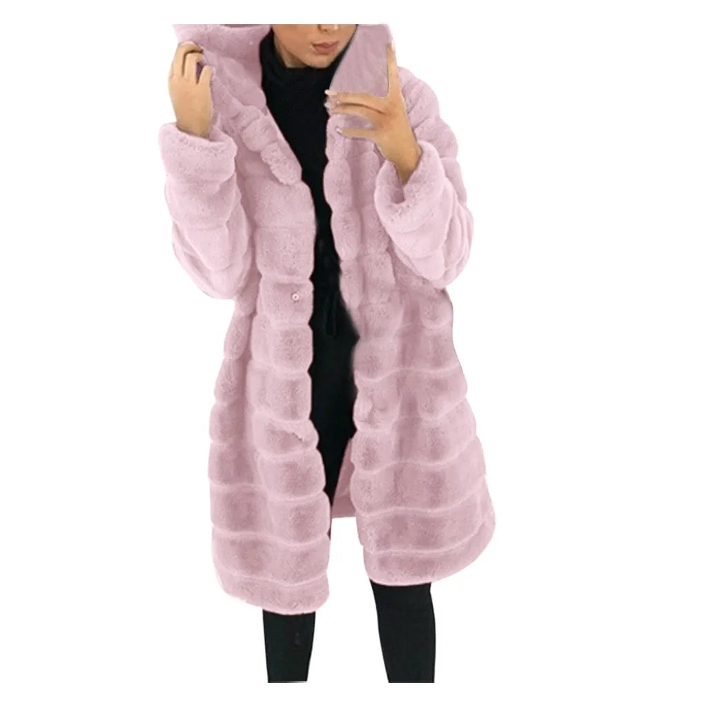 Women's Long Hooded Faux Fur Coat Plush Winter Warm Casual Statement Outerwear
