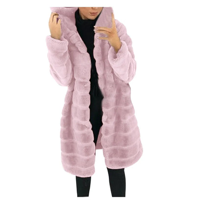 Women's Long Hooded Faux Fur Coat Plush Winter Warm Casual Statement Outerwear