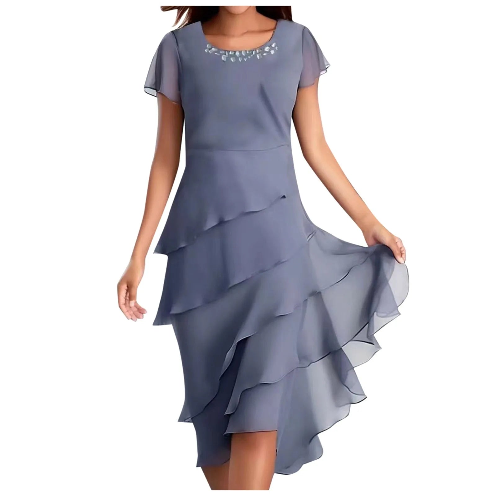 Layered Chiffon Midi Dress with Puff Sleeves and Cascading Ruffle Hem