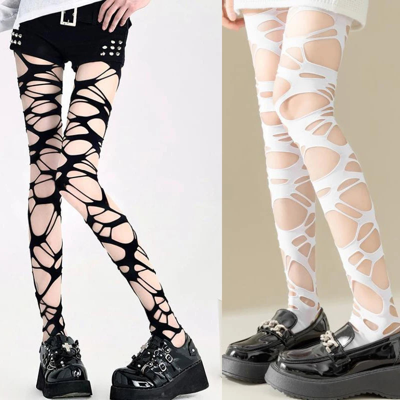 Crisscross Distressed Fishnet Pantyhose Punk Y2K Alternative Fashion Tights