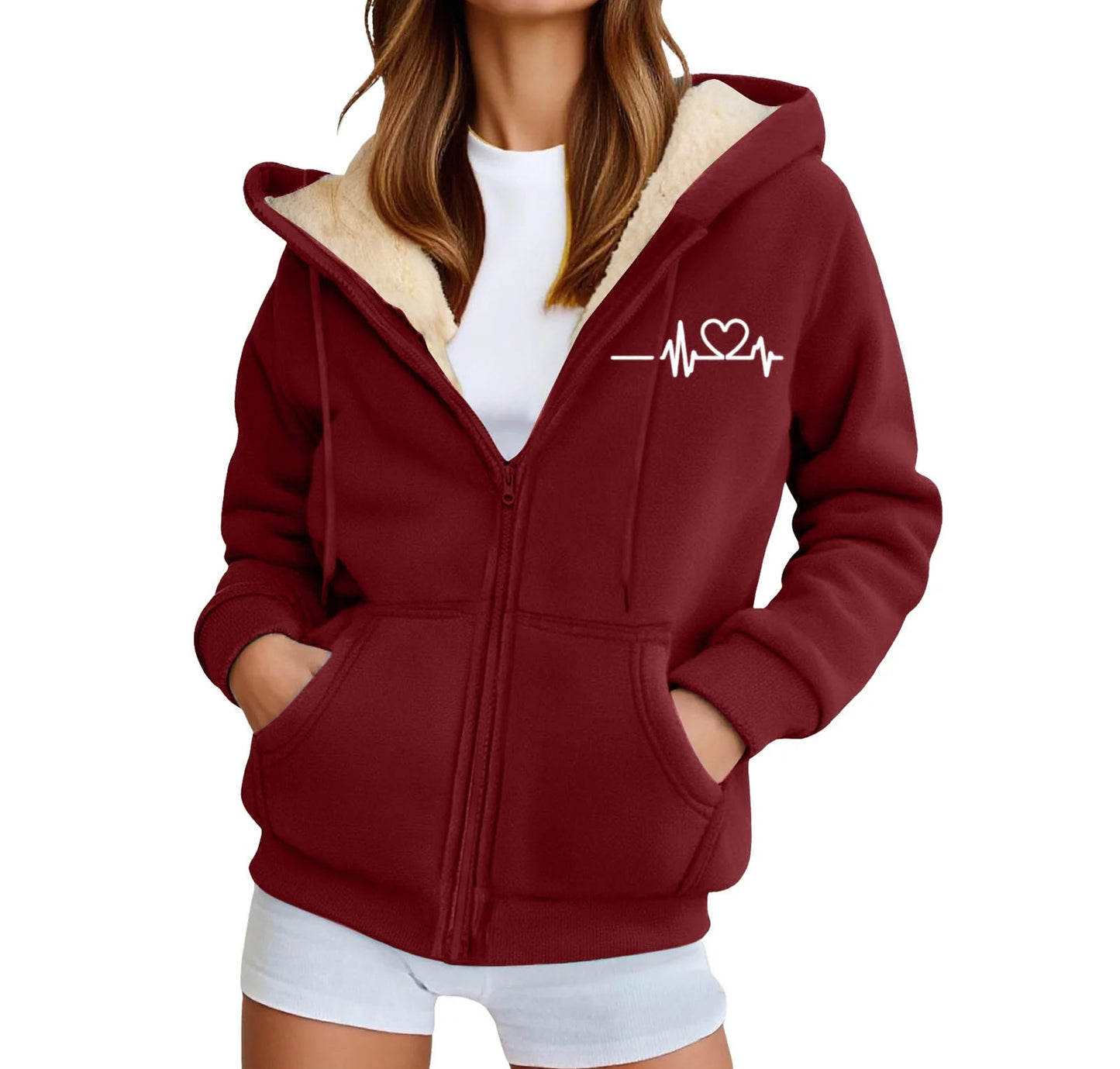Women's Hooded Plush Fleece Zip Jacket with Minimal Heart Graphic Streetwear Style
