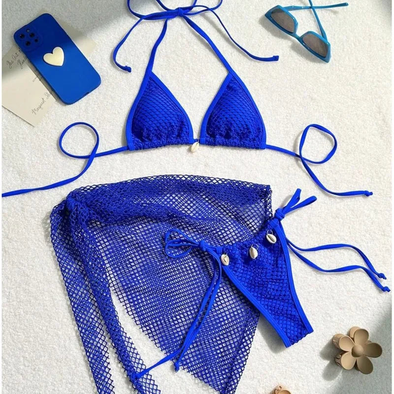 Earthy Textured Three-Piece Triangle Bikini Set with Cowrie Shell Accents and Net Skirt