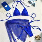 Earthy Textured Three-Piece Triangle Bikini Set with Cowrie Shell Accents and Net Skirt