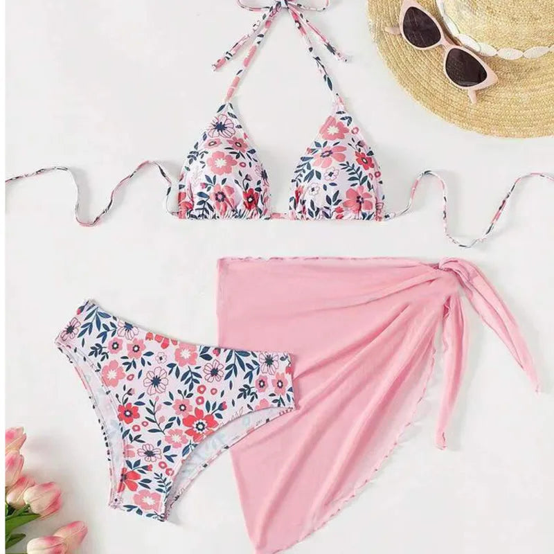 Three-Piece Pink Floral Triangle Bikini Set with Matching Sheer Sarong