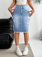 Distressed Stretch Denim Pencil Skirt with Frayed Hem Streetwear Styling
