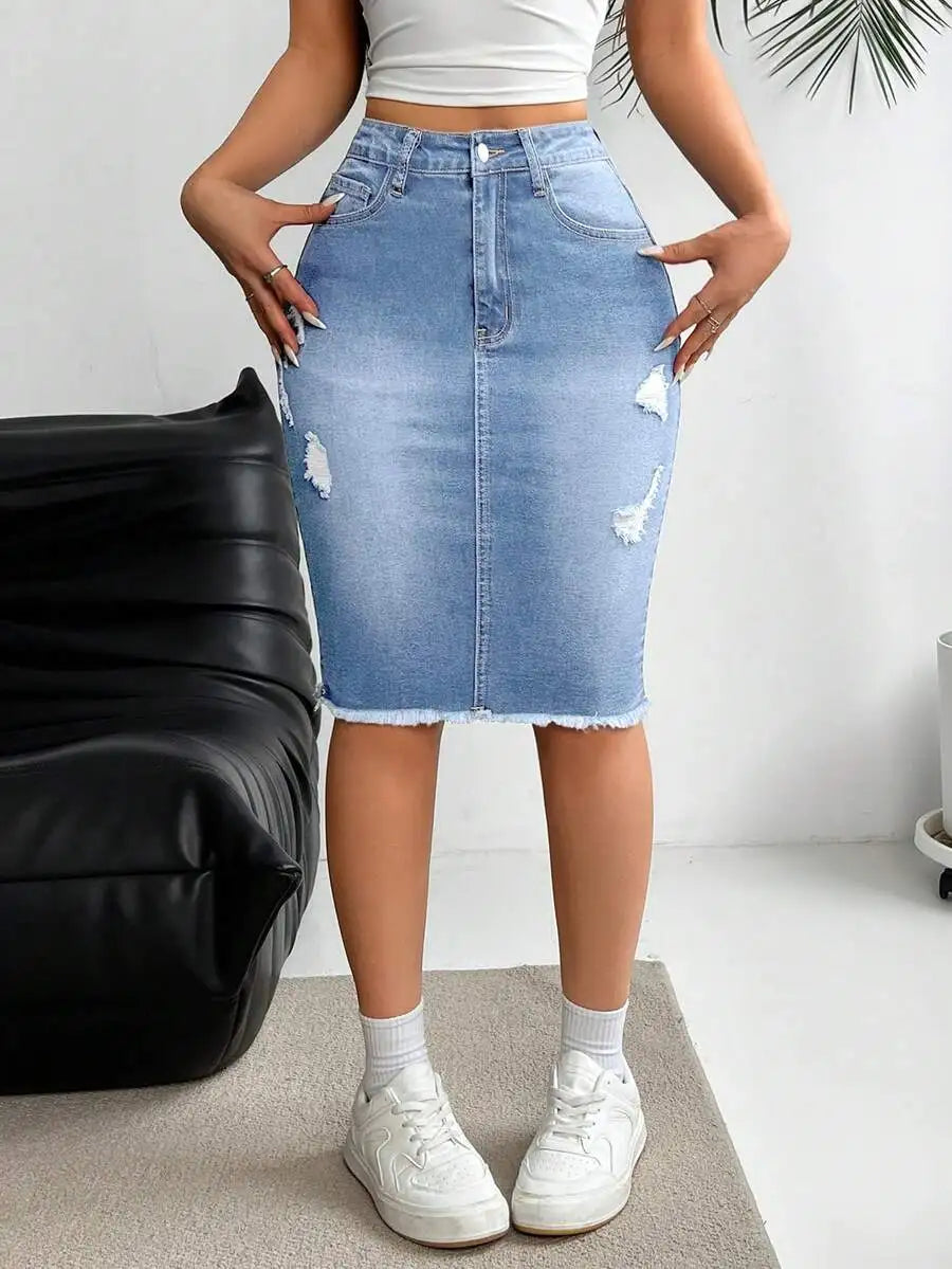 Distressed Stretch Denim Pencil Skirt with Frayed Hem Streetwear Styling