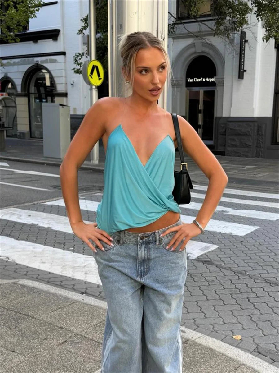 Cross Halter Ruched Tank Top with Backless Design Contemporary Streetwear Style