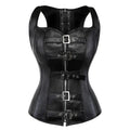 Faux Leather Buckle Front Corset Vest with Structured Boning and Straps