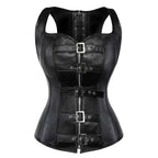 Faux Leather Buckle Front Corset Vest with Structured Boning and Straps