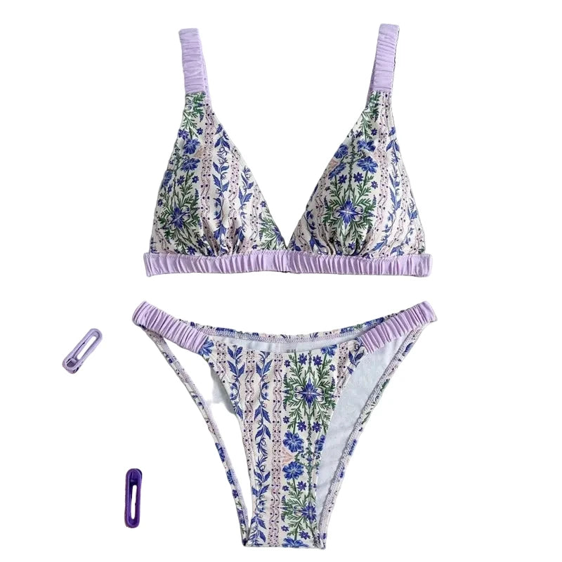 Romantic Lavender Floral Triangle Bikini with Ruched Strap Detailing