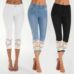 Women's Low Rise Cropped Capri Pants with Lace Hem Detail and Casual Slim Fit