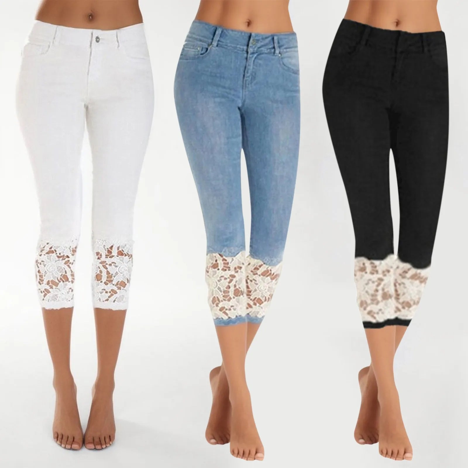 Women's Low Rise Cropped Capri Pants with Lace Hem Detail and Casual Slim Fit