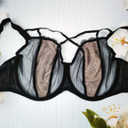 Black Sheer Mesh Underwire Minimizer Bra with Strappy Detail