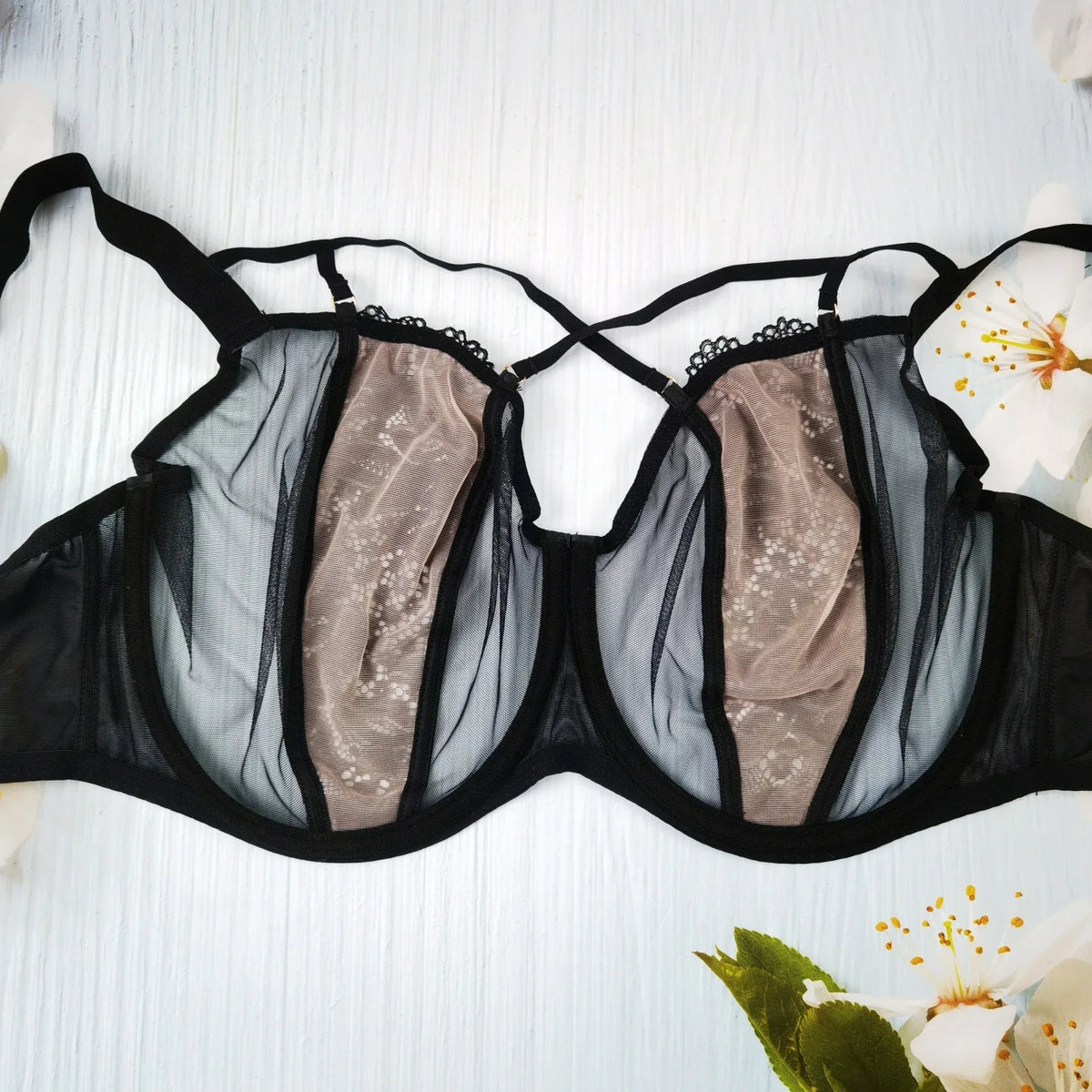 Black Sheer Mesh Underwire Minimizer Bra with Strappy Detail