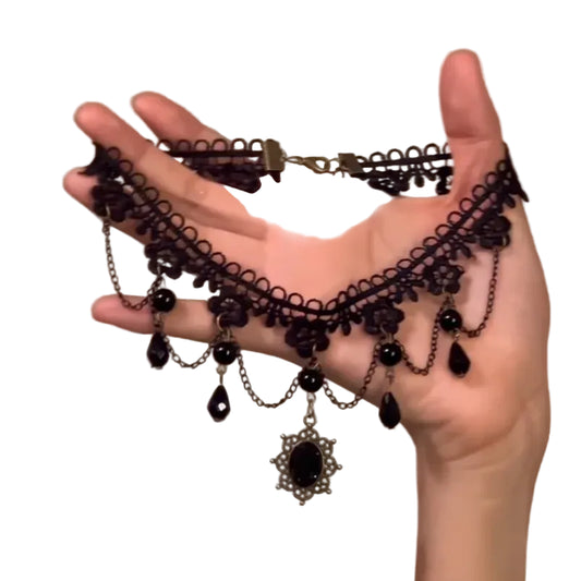 Victorian Lace Choker Necklace with Teardrop Charms for Gothic Dark Feminine Fashion Looks