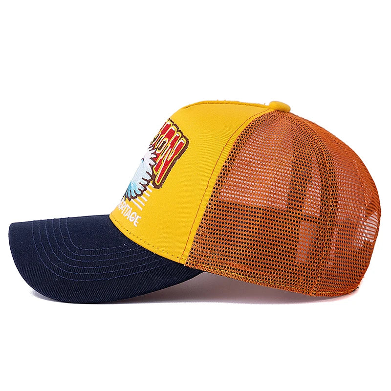 Unisex Breathable Mesh Trucker Cap with Graphic Patch for Casual Streetwear and Outdoor Style